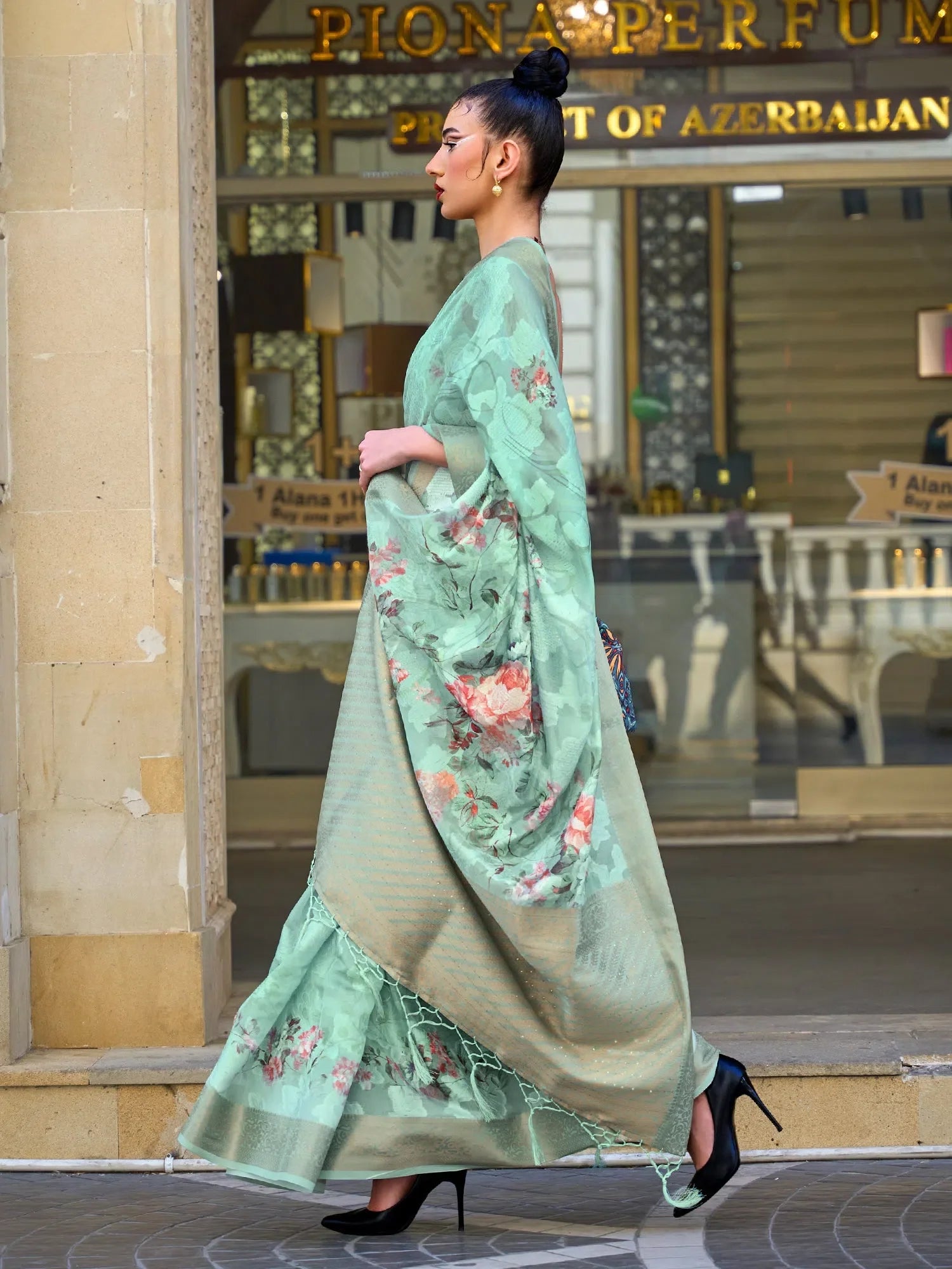Sea Green Embellished Cotton Saree | Designer Sarees India
