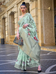 Women's Brasso Sea Green Embellished Designer Saree With Blouse Piece-KINSEL331006