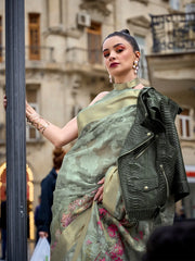 Women's Brasso Olive Embellished Designer Saree With Blouse Piece-KINSEL331007
