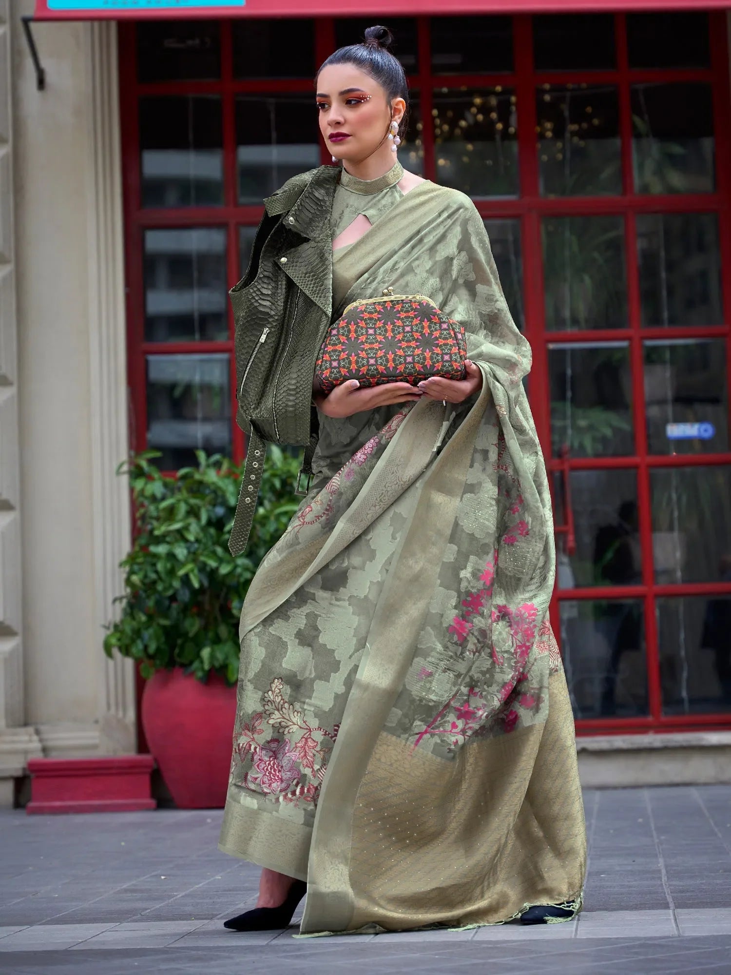 Brasso Olive Embellished Cotton Saree | Indian Sarees