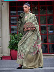 Women's Brasso Olive Embellished Designer Saree With Blouse Piece-KINSEL331007