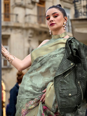 Women's Brasso Olive Embellished Designer Saree With Blouse Piece-KINSEL331007