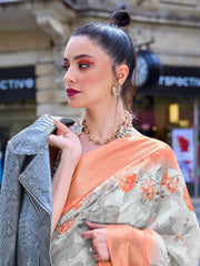 Women's Brasso Off White Embellished Designer Saree With Blouse Piece-KINSEL331009
