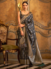 Women's  Blend Grey Woven Design Designer Saree With Blouse Piece-KIROZA7006
