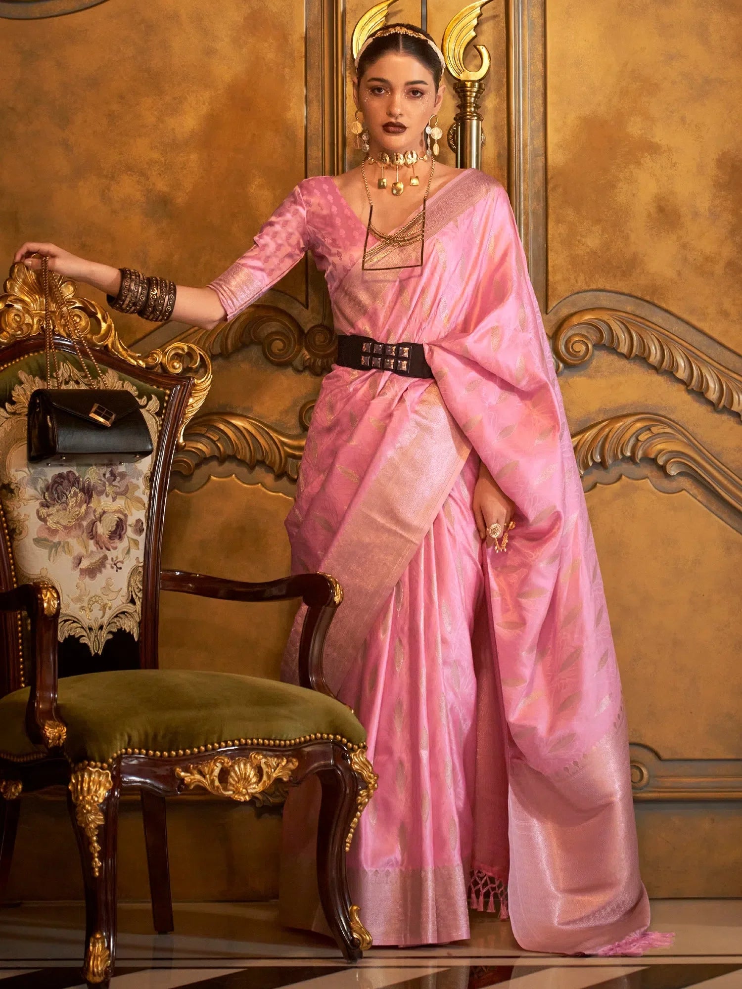Pink Woven Polyester Saree with Blouse - Indian Sarees