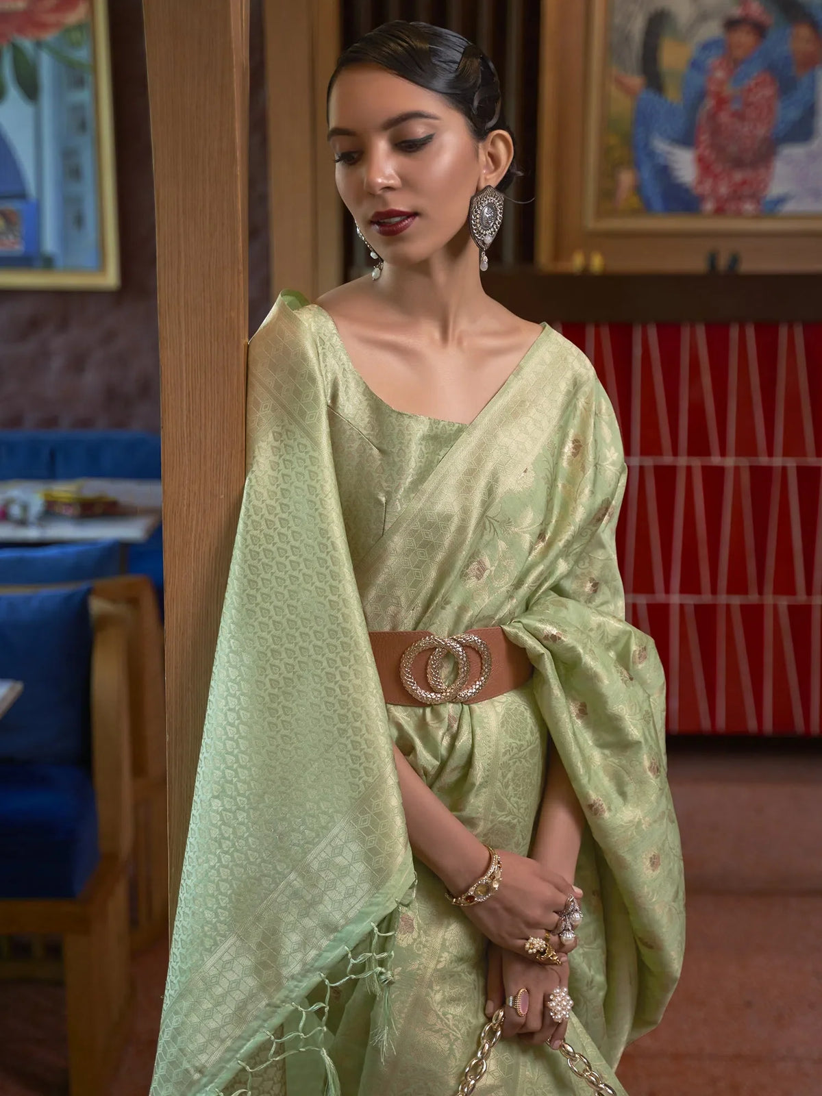 Women's  Blend Light Green Woven Design Designer Saree With Blouse Piece-KIRPAN281003