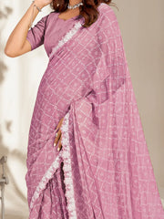 Women's Chiffon Lavendar Embellished Designer Saree With Blouse Piece-KIRTI1009