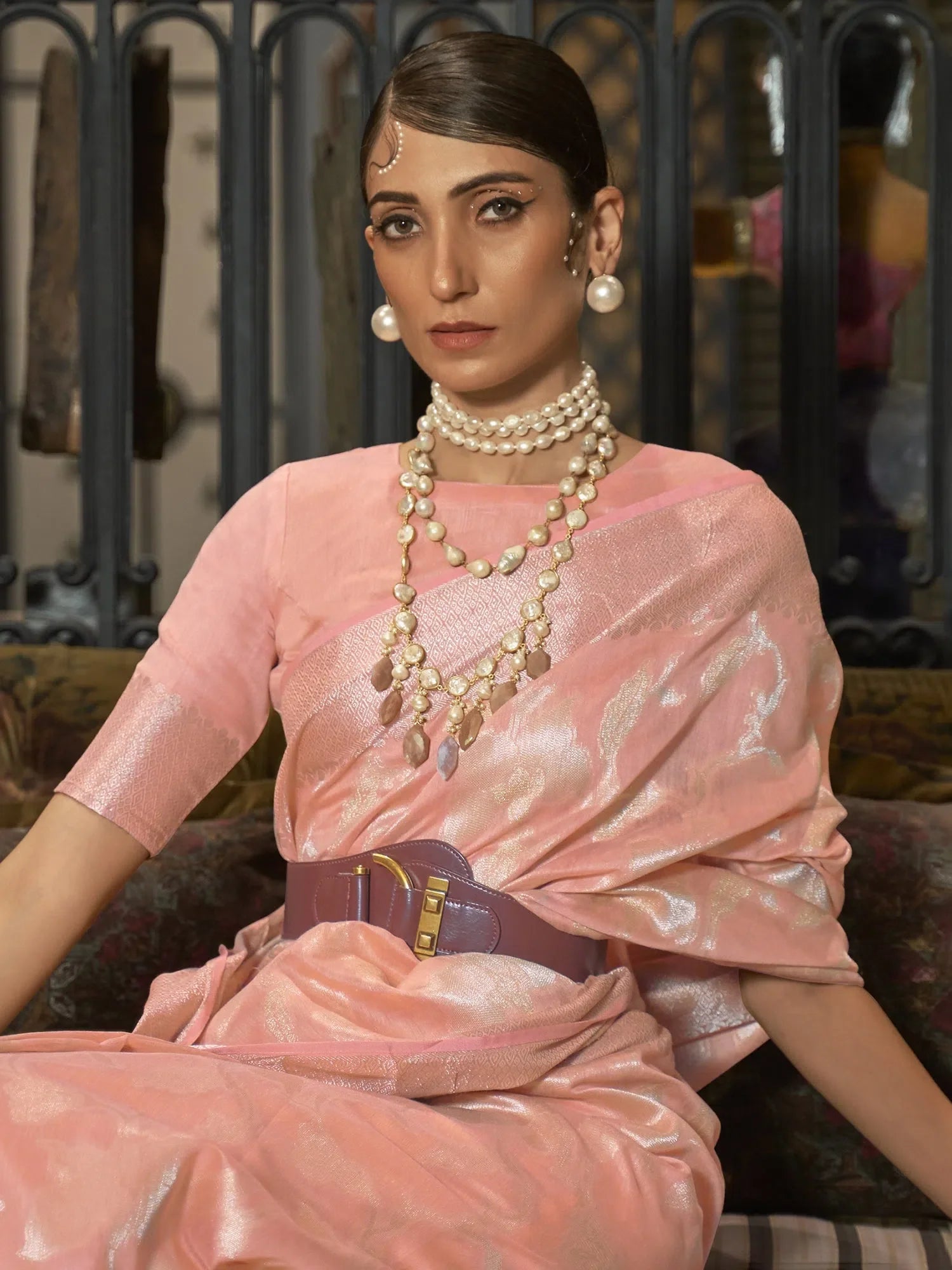 Peach Polyester Saree with Blouse | Modern Indian Sarees