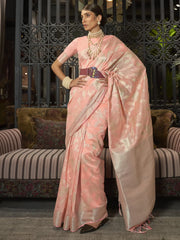 Women's Blend Peach Woven Design Designer Saree With Blouse Piece-KISHIR286001