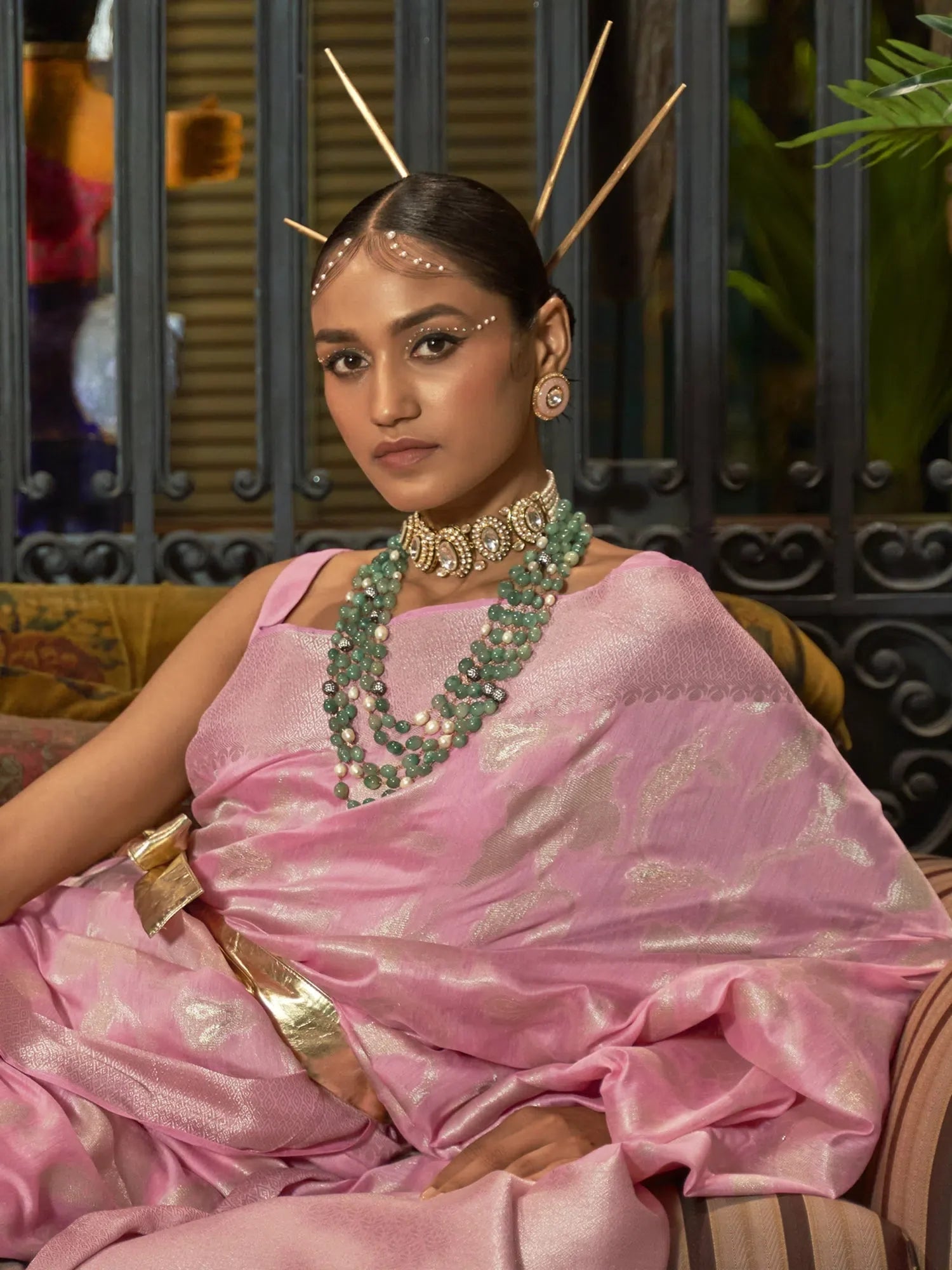 Festive Pink Woven Polyester Saree with Blouse | Designer Indian Sari