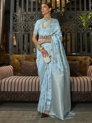 Women's  Blend Turquoise Woven Design Designer Saree With Blouse Piece-KISHIR286004