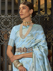 Women's  Blend Turquoise Woven Design Designer Saree With Blouse Piece-KISHIR286004