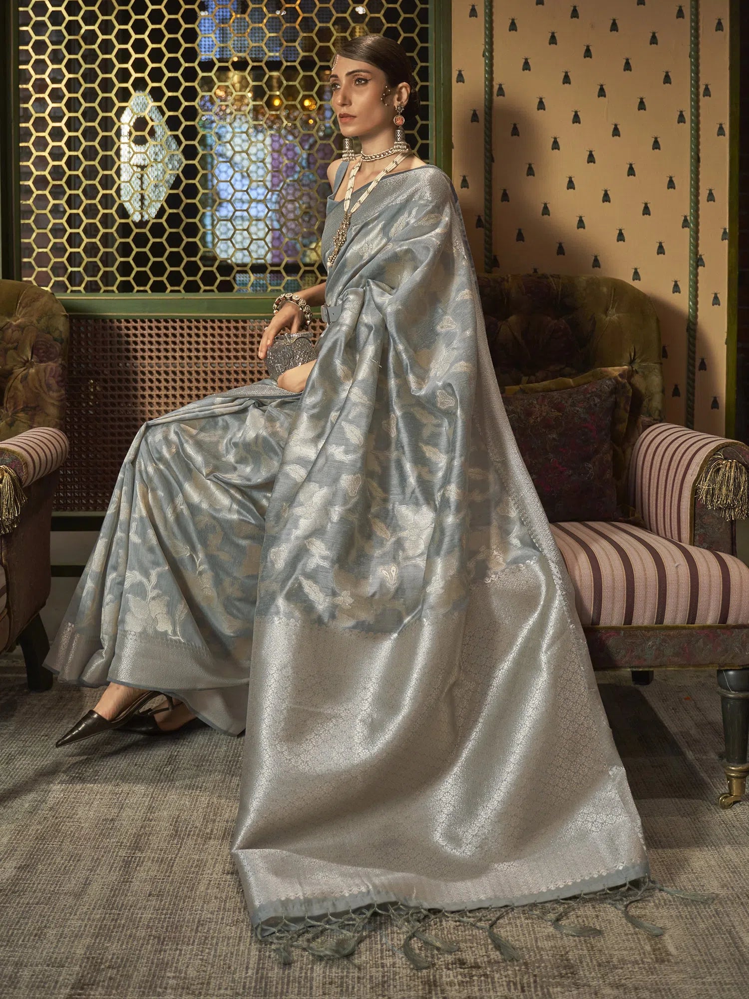 Classic Grey Woven Polyester Saree with Blouse | Authentic Indian Sari