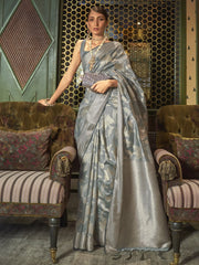 Women's Blend Grey Woven Design Designer Saree With Blouse Piece-KISHIR286005