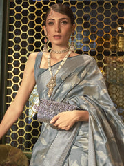 Women's Blend Grey Woven Design Designer Saree With Blouse Piece-KISHIR286005