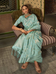 Women's  Blend Sea Green Woven Design Designer Saree With Blouse Piece-KISHIR286006