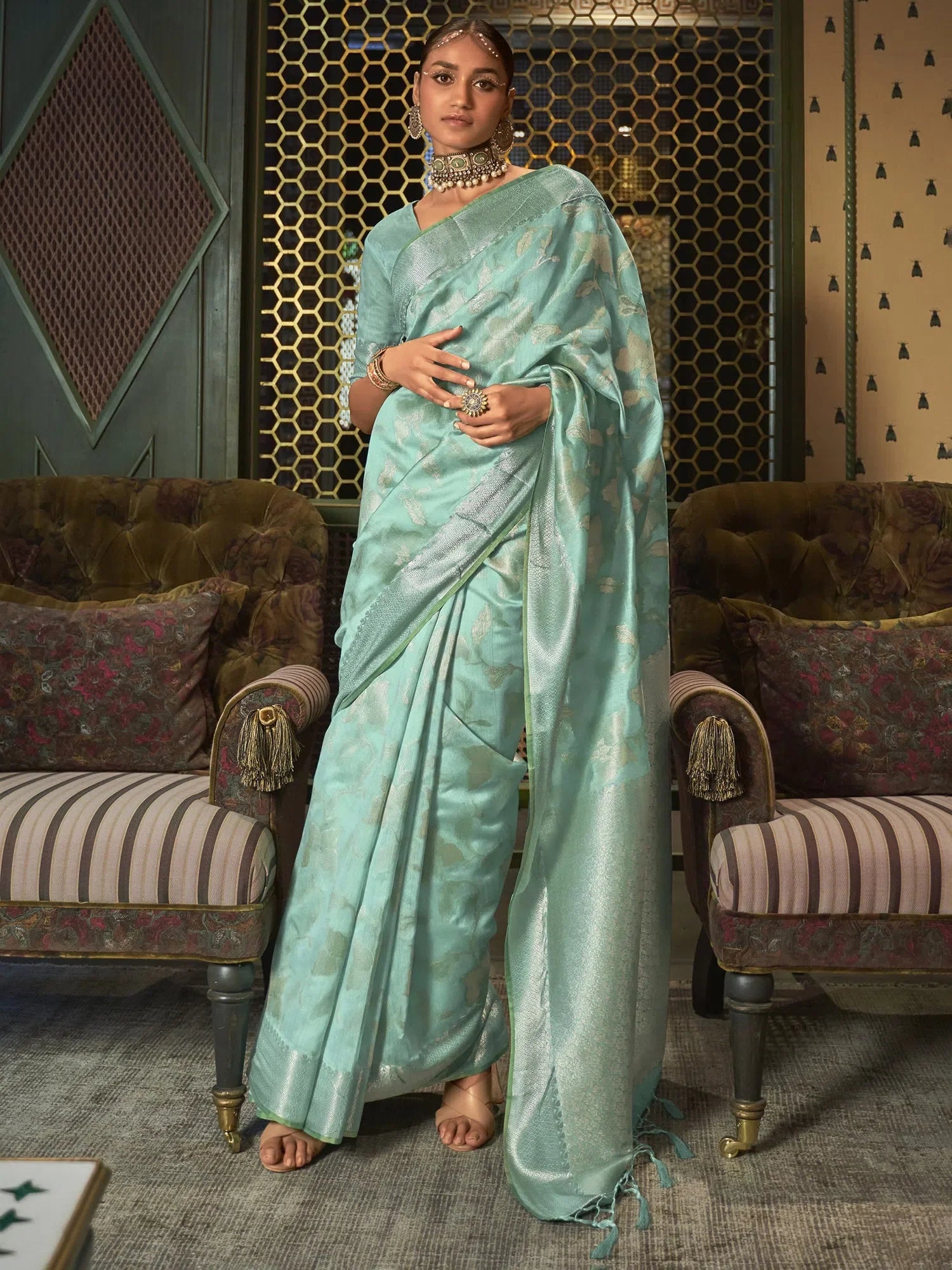 Sea Green Woven Polyester Indian Sari with Elegant Blouse