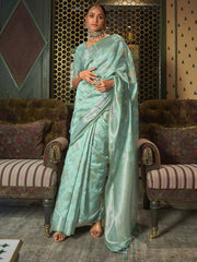 Women's  Blend Sea Green Woven Design Designer Saree With Blouse Piece-KISHIR286006