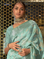 Women's  Blend Sea Green Woven Design Designer Saree With Blouse Piece-KISHIR286006