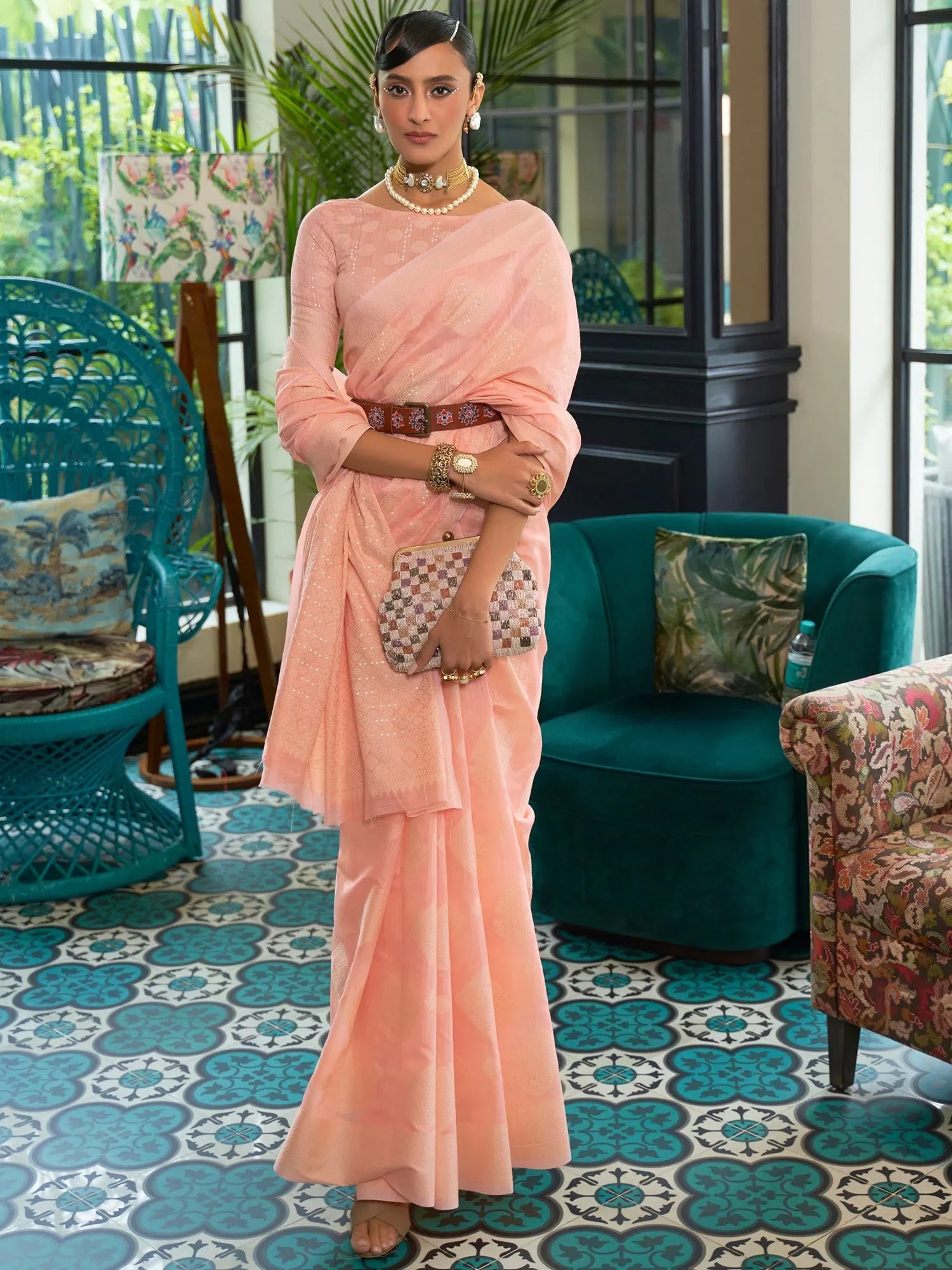 Peach Chikankari Polyester Saree | Indian Sarees