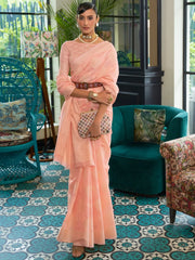 Women's Blend Peach Chikankari Designer Saree With Blouse Piece-KIZAH275004