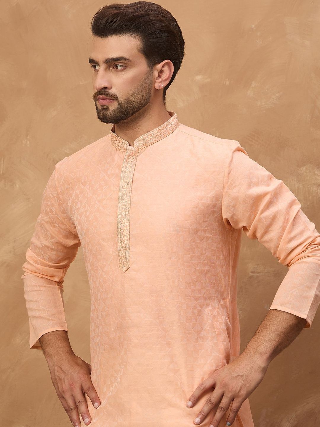Ethnic Bay Men Peach Silk Blend Solid Embroidered Straight Kurta With Pant Set-MKSET1453
