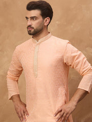 Ethnic Bay Men Peach Silk Blend Solid Embroidered Straight Kurta With Pant Set-MKSET1453