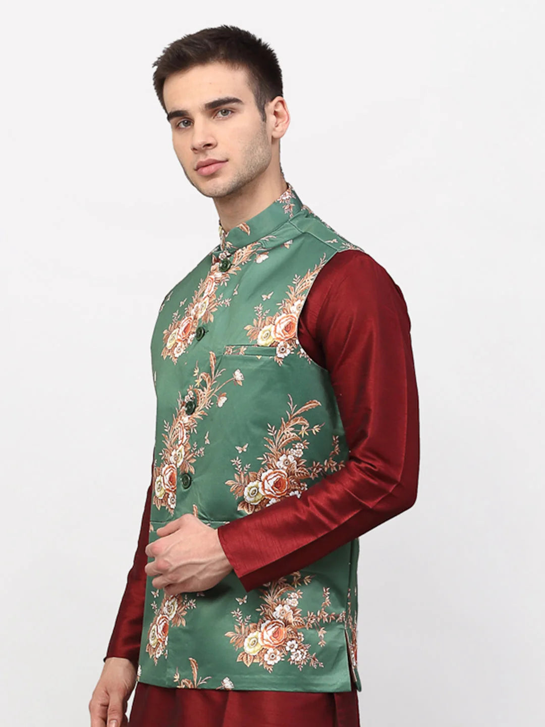 Green Printed Nehru Jacket | Men's Ethnic Wear & Modi Jacket