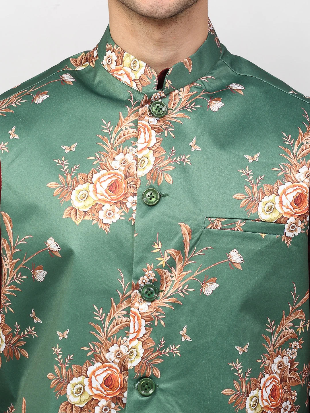 Green Printed Nehru Jacket | Men's Ethnic Wear & Modi Jacket