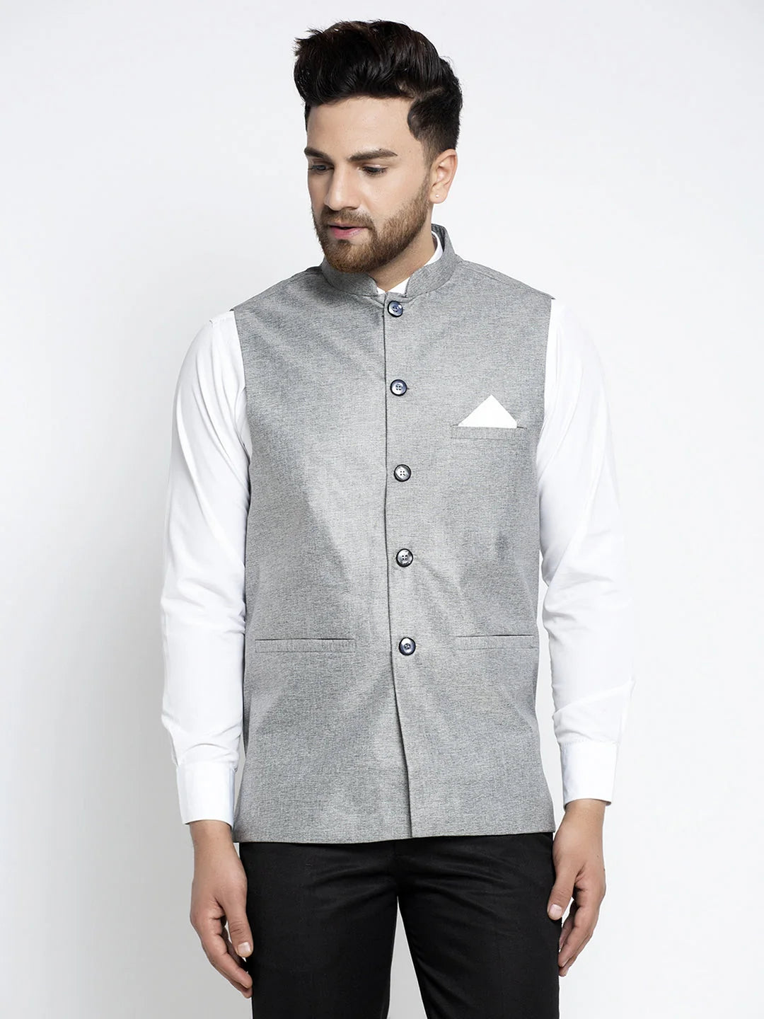 Men's Grey Solid Nehru Jacket
