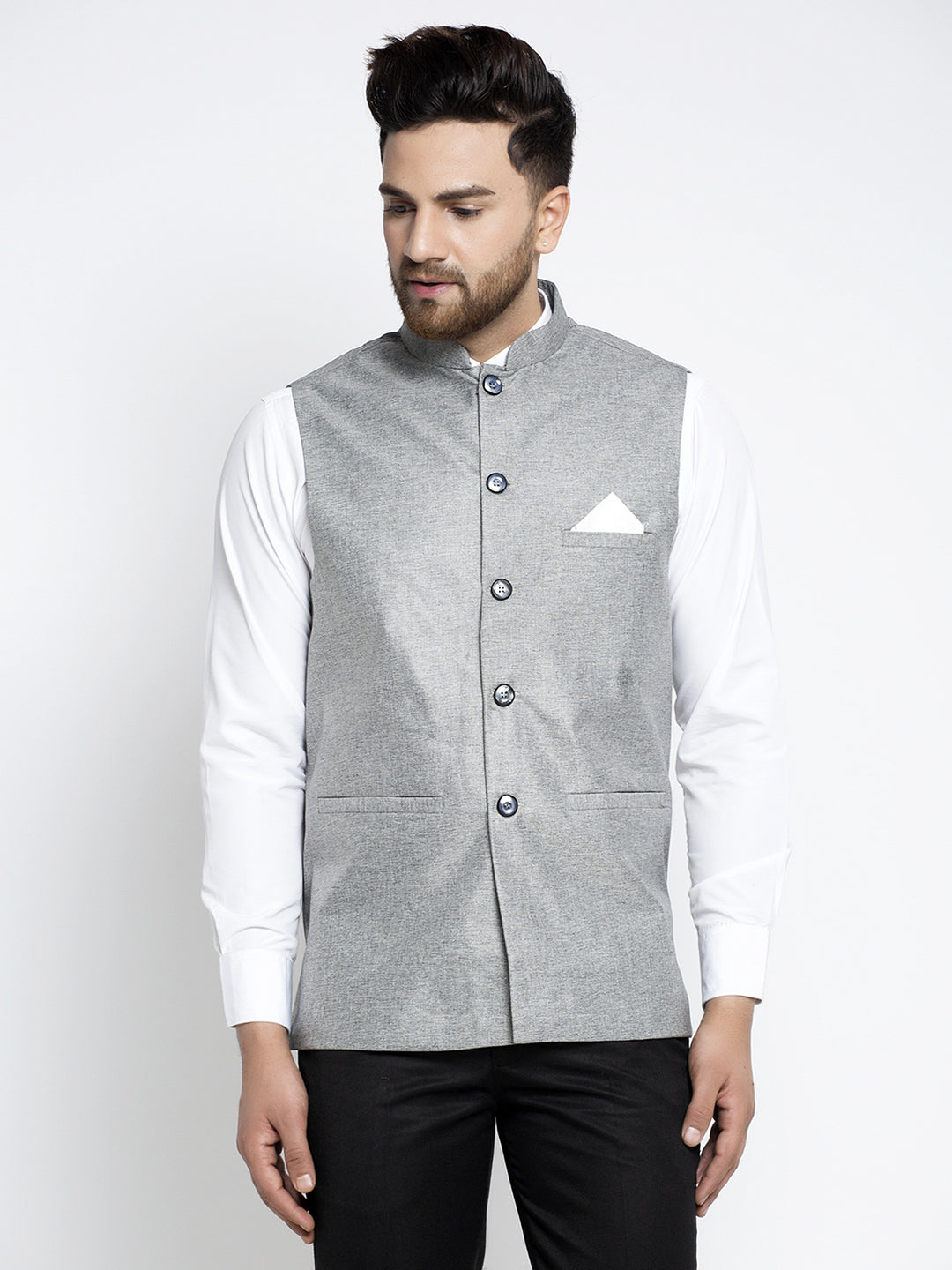 Men's Grey Solid Nehru Jacket