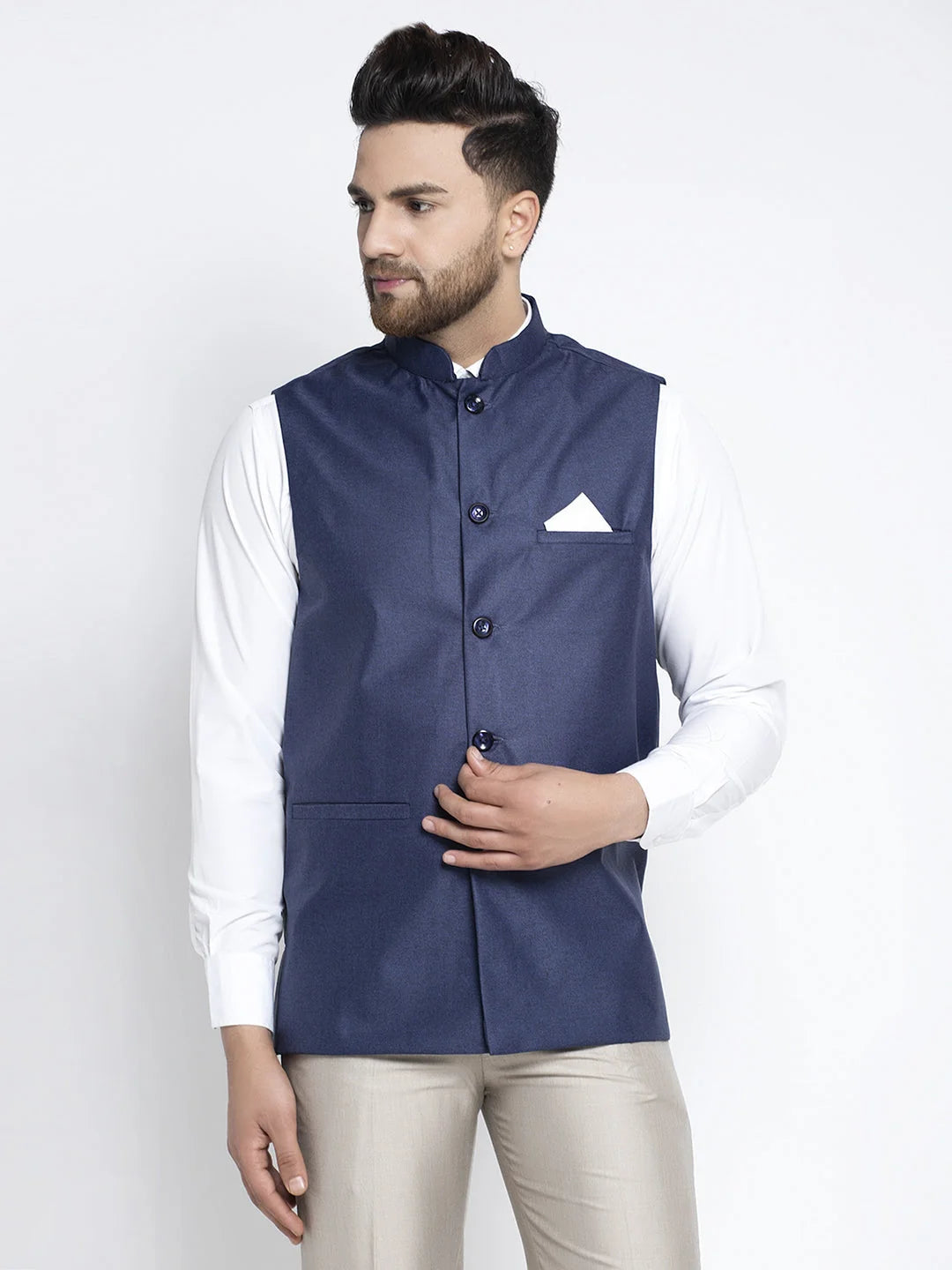 Navy Blue Solid Nehru Jacket for Men | Modi Jacket