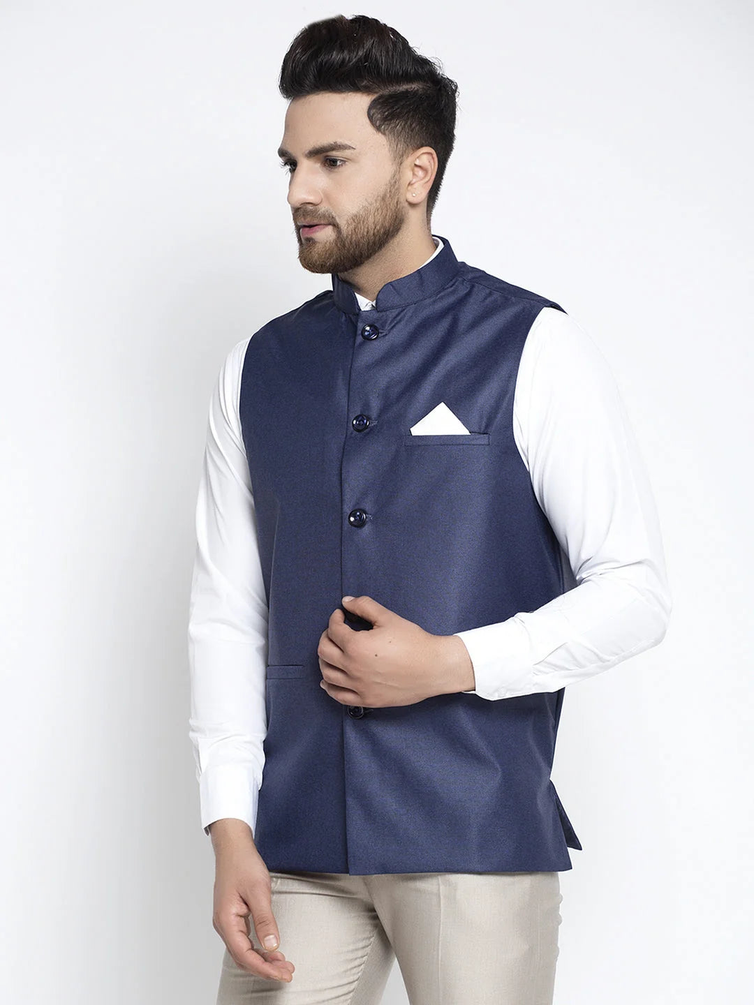 Navy Blue Solid Nehru Jacket for Men | Modi Jacket