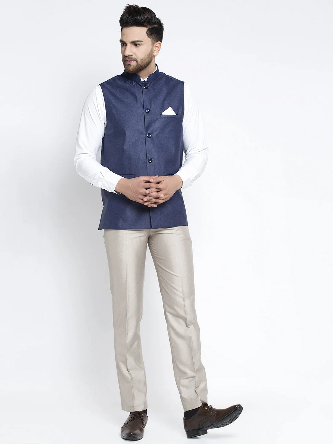 Navy Blue Solid Nehru Jacket for Men | Modi Jacket