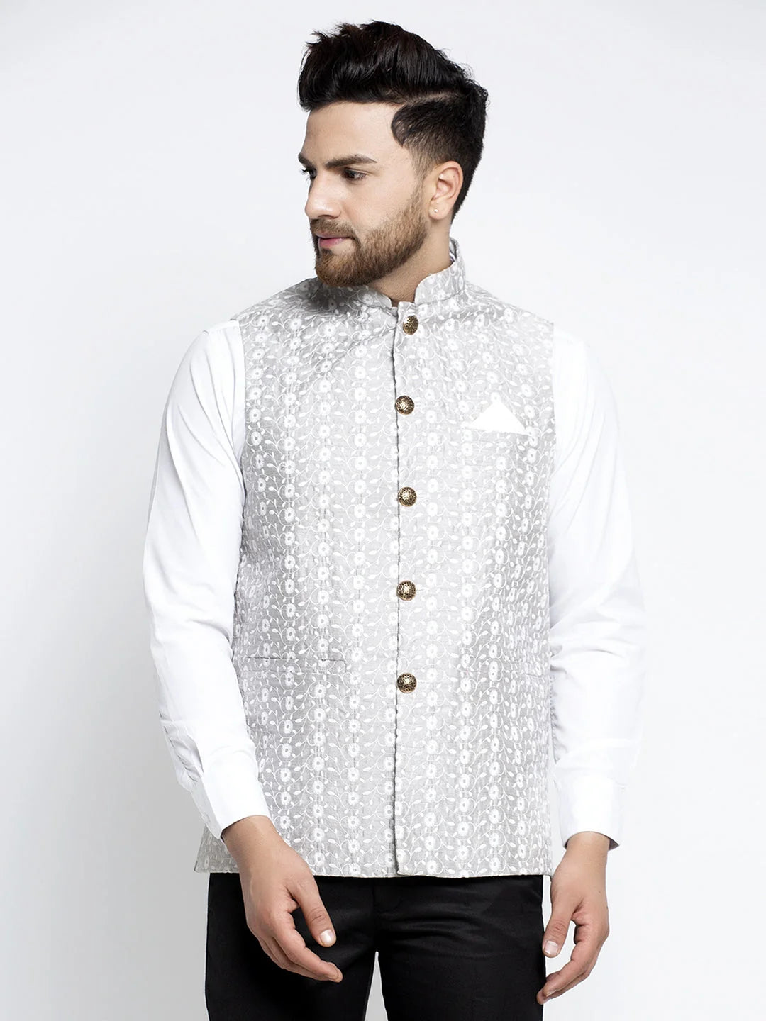 Grey Embroidered Nehru Jacket - Men's Indian Nehru Jackets