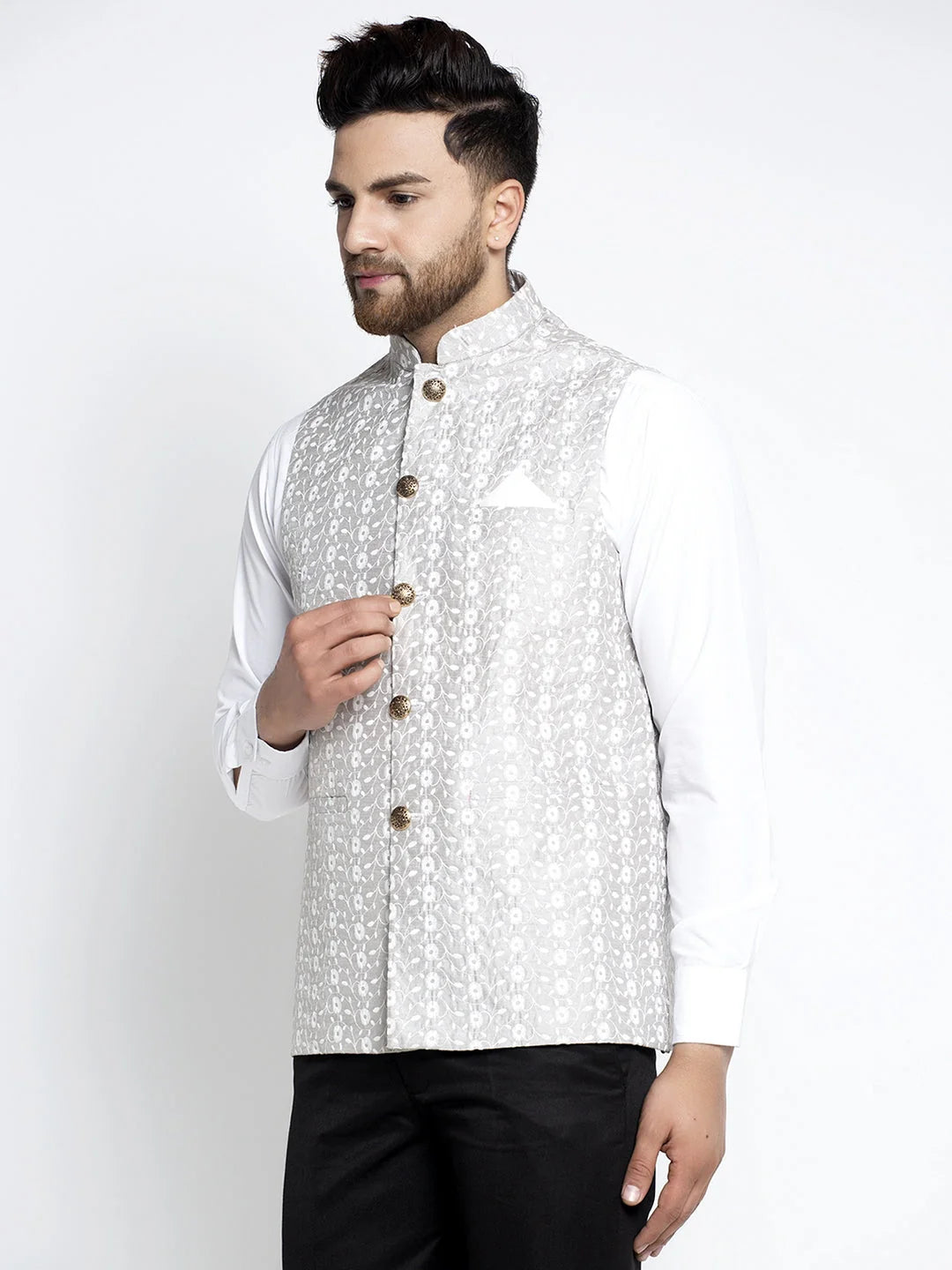 Grey Embroidered Nehru Jacket - Men's Indian Nehru Jackets