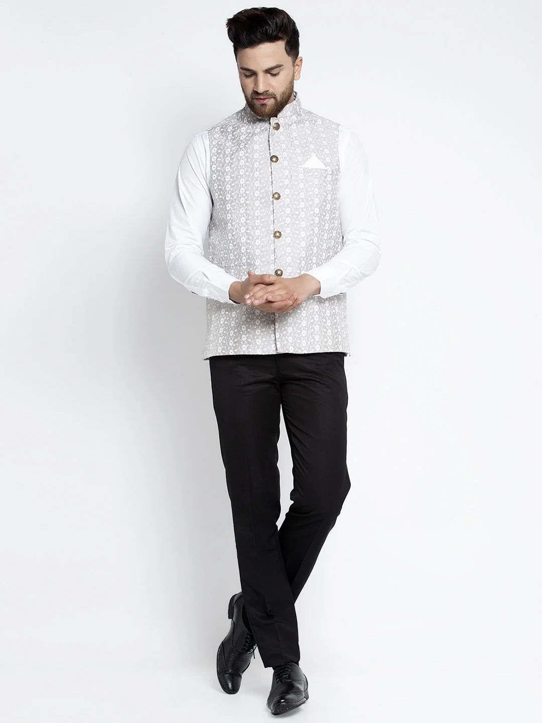 Grey Embroidered Nehru Jacket - Men's Indian Nehru Jackets