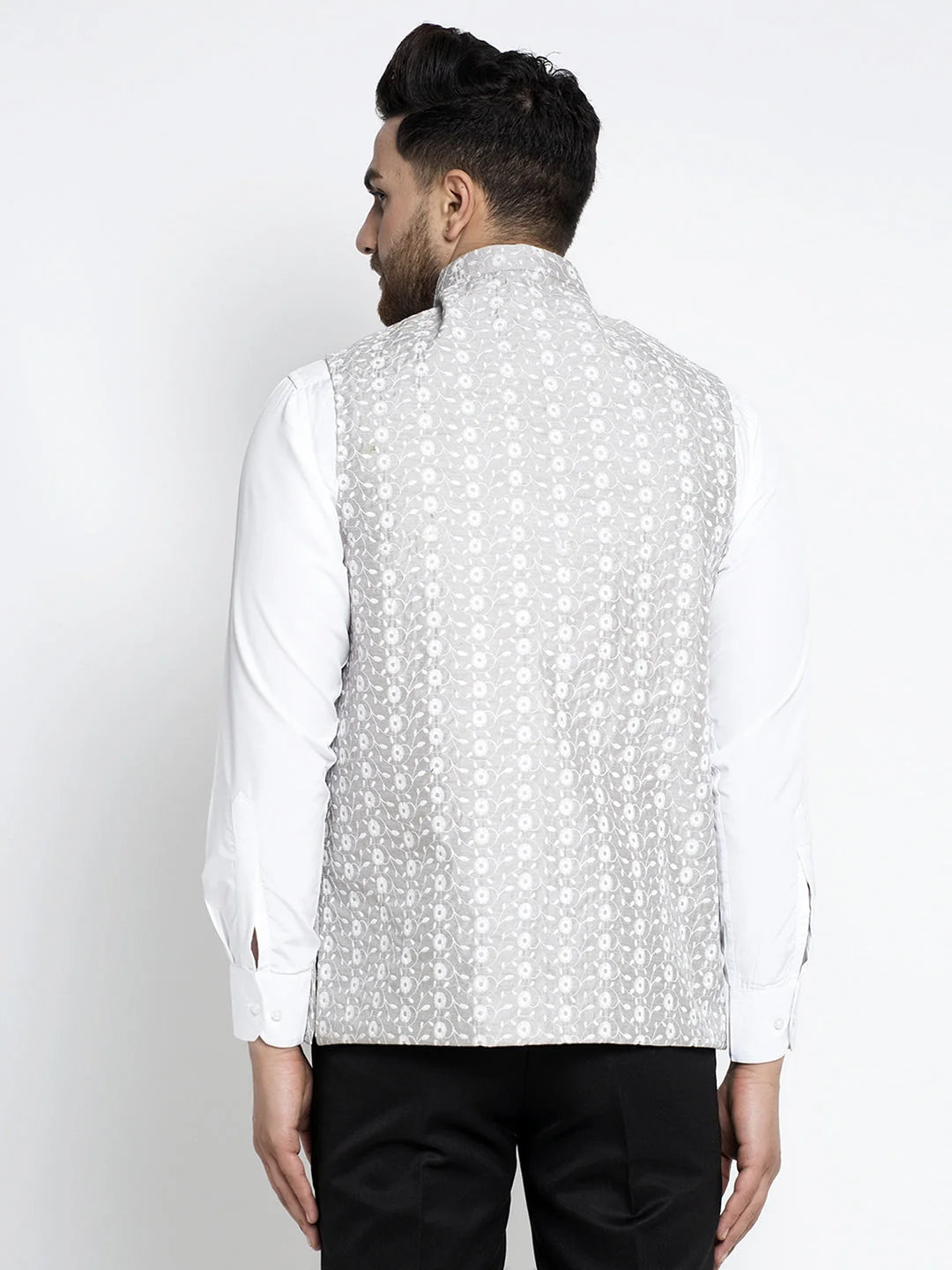 Grey Embroidered Nehru Jacket - Men's Indian Nehru Jackets