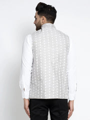 Men's Grey Embroidered Nehru Jacket