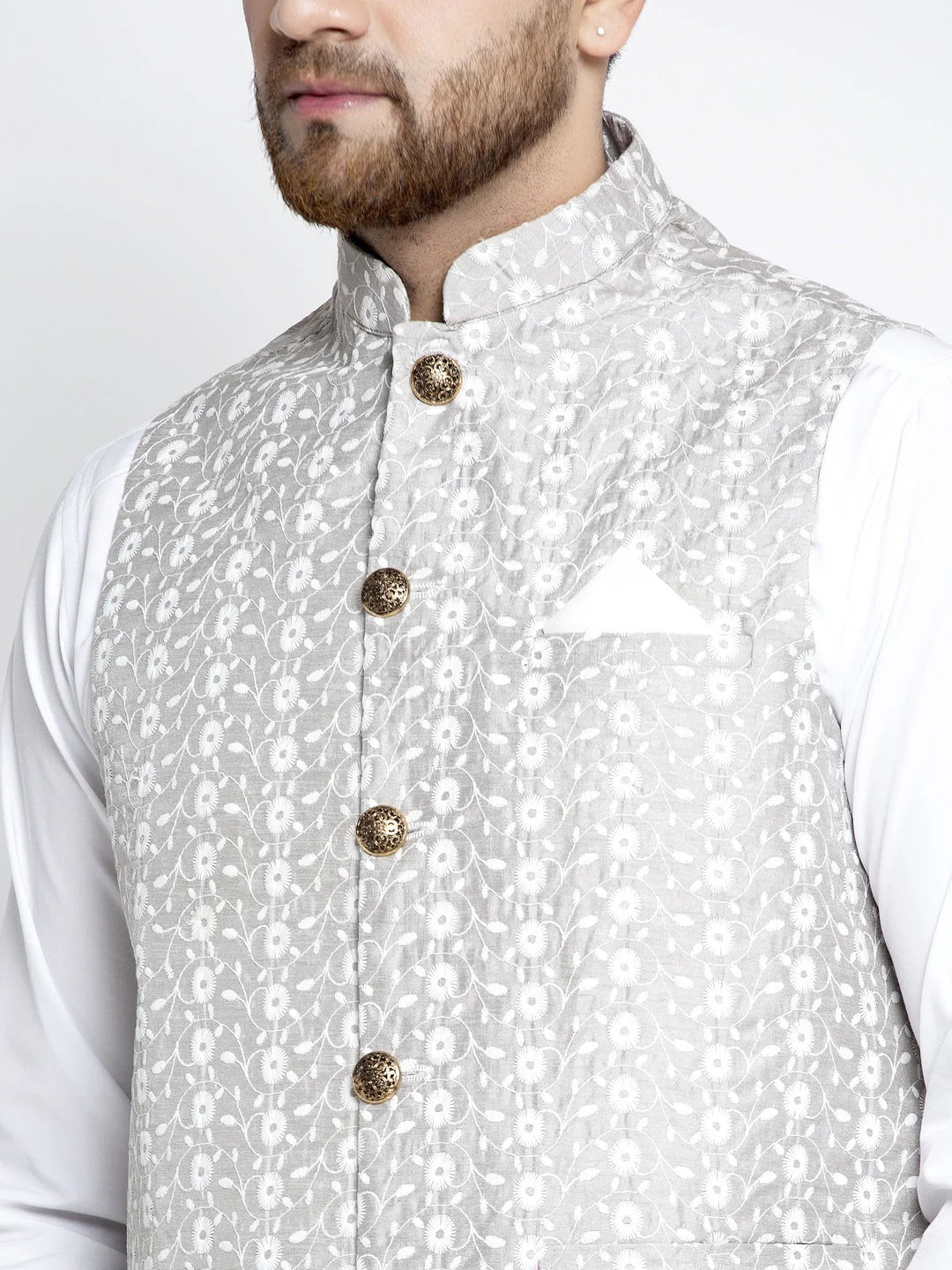 Grey Embroidered Nehru Jacket - Men's Indian Nehru Jackets