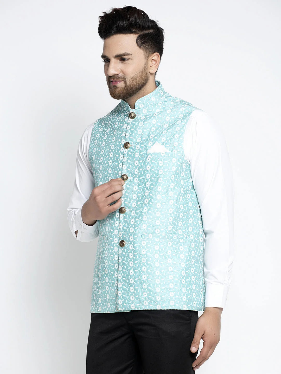 Blue Embroidered Nehru Jacket - Men's Ethnic Wear