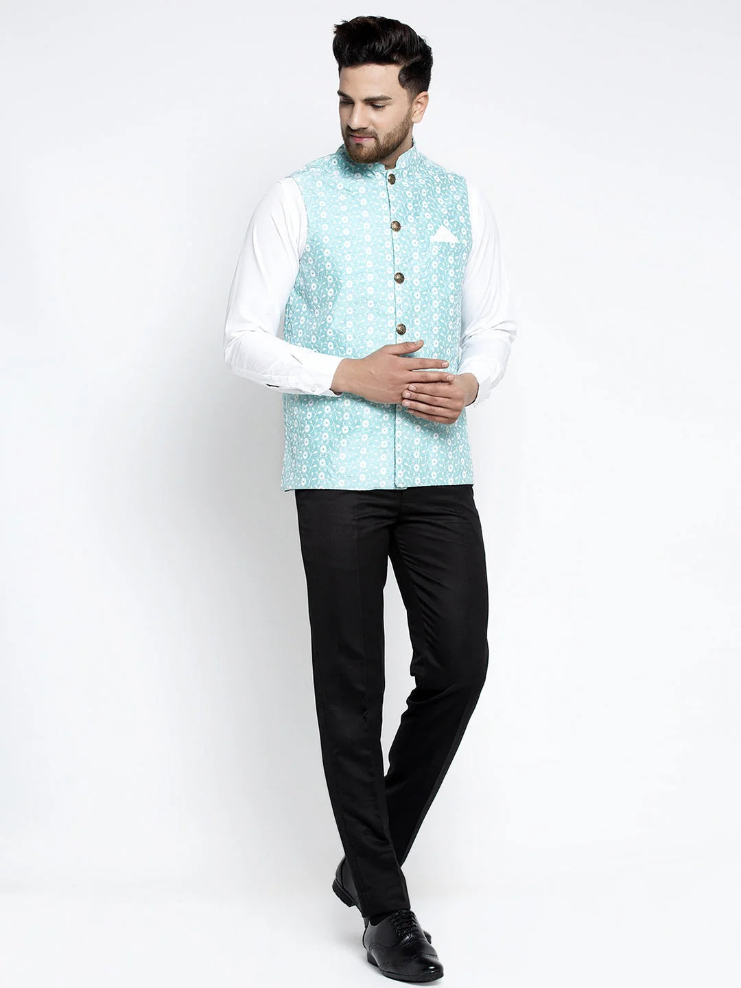 Blue Embroidered Nehru Jacket - Men's Ethnic Wear