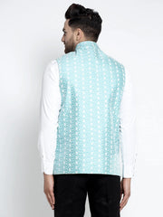 Men's Blue Mix Embroidered Nehru Jacket