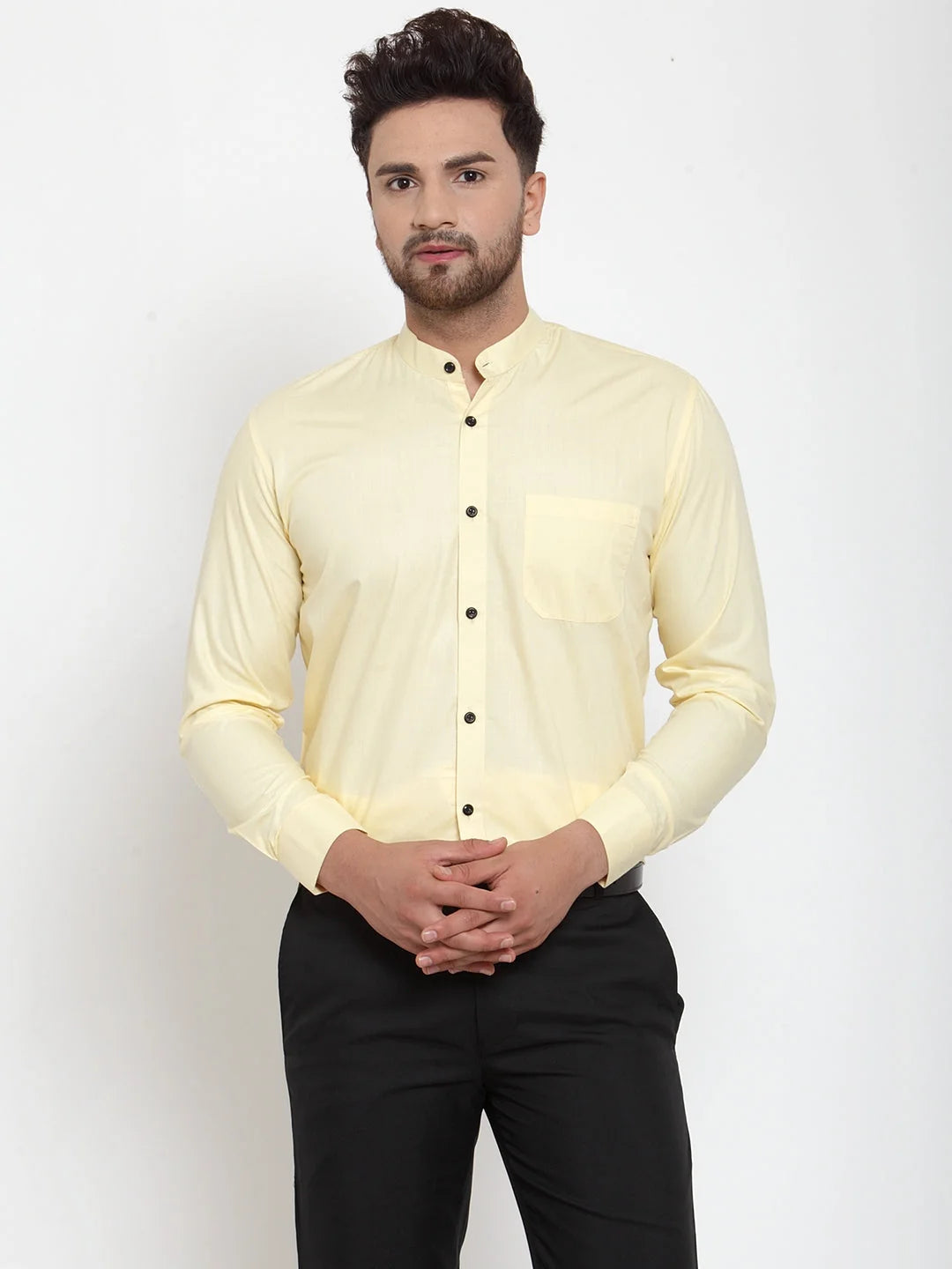 Indian Needle Yellow Men's Cotton Solid Mandarin Collar Formal Shirts