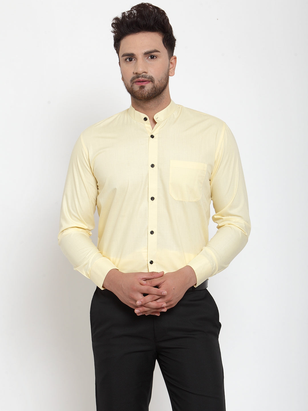 Yellow Cotton Mandarin Collar Mens Shirt - Formal Shirts
