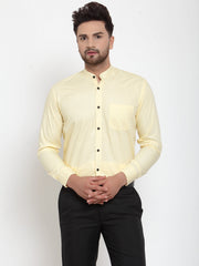 Indian Needle Yellow Men's Cotton Solid Mandarin Collar Formal Shirts
