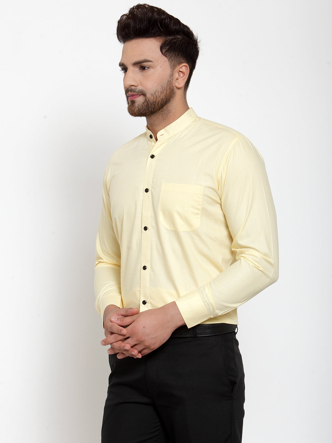 Yellow Cotton Mandarin Collar Mens Shirt - Formal Shirts