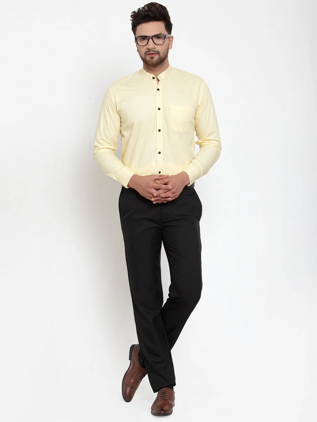Yellow Cotton Mandarin Collar Mens Shirt - Formal Shirts