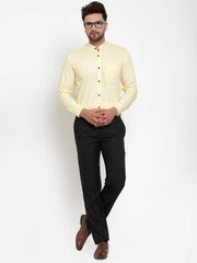 Indian Needle Yellow Men's Cotton Solid Mandarin Collar Formal Shirts