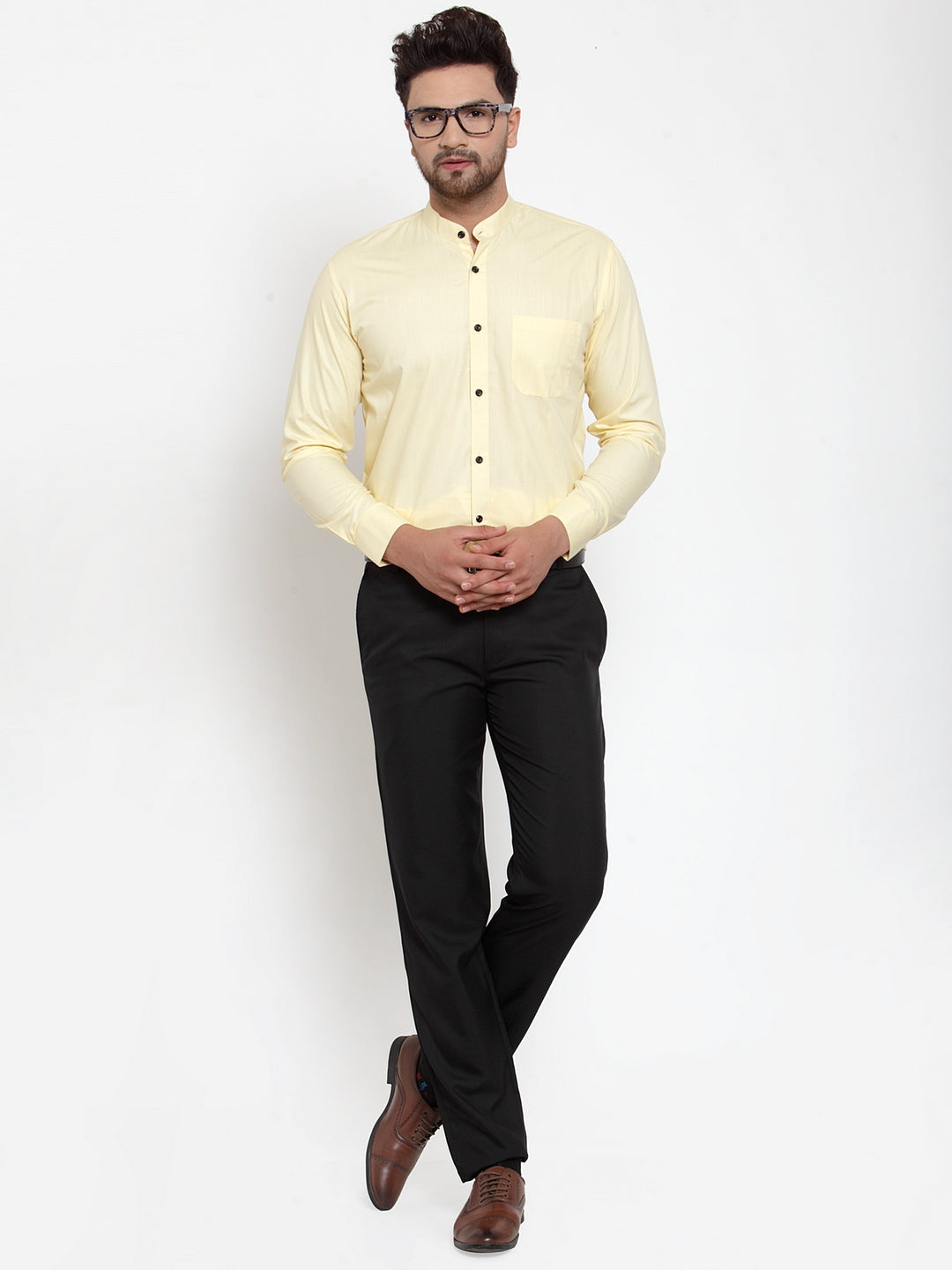 Yellow Cotton Mandarin Collar Mens Shirt - Formal Shirts